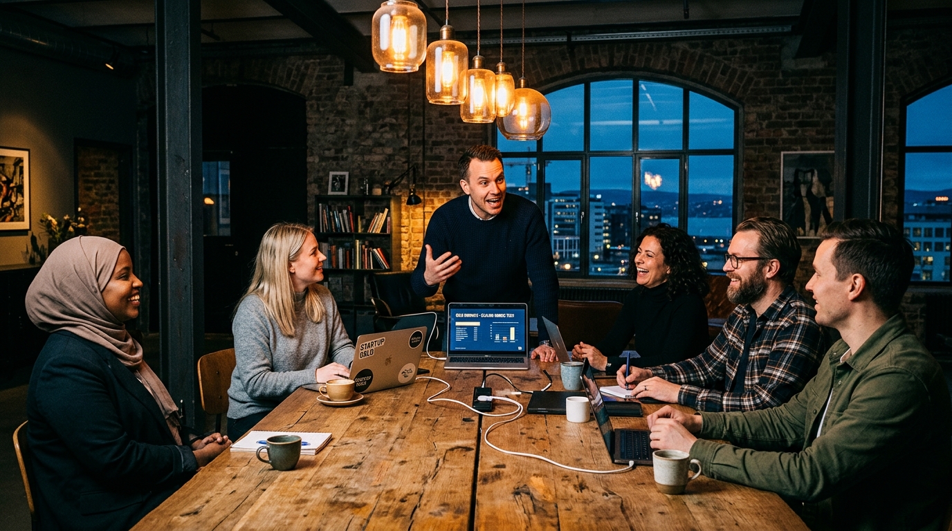 Gründere samlet rundt et langbord i et loft i Oslo