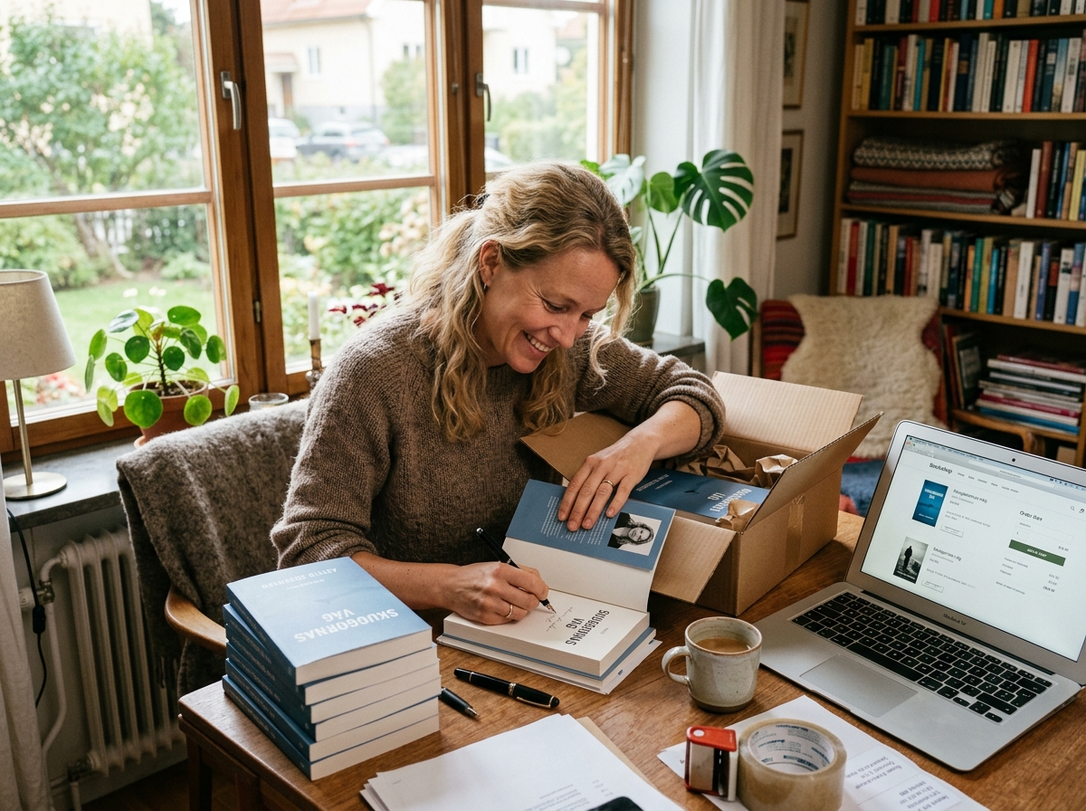 Forfatter pakker signerte bøker ved skrivebordet mens nettbutikken vises på laptopen