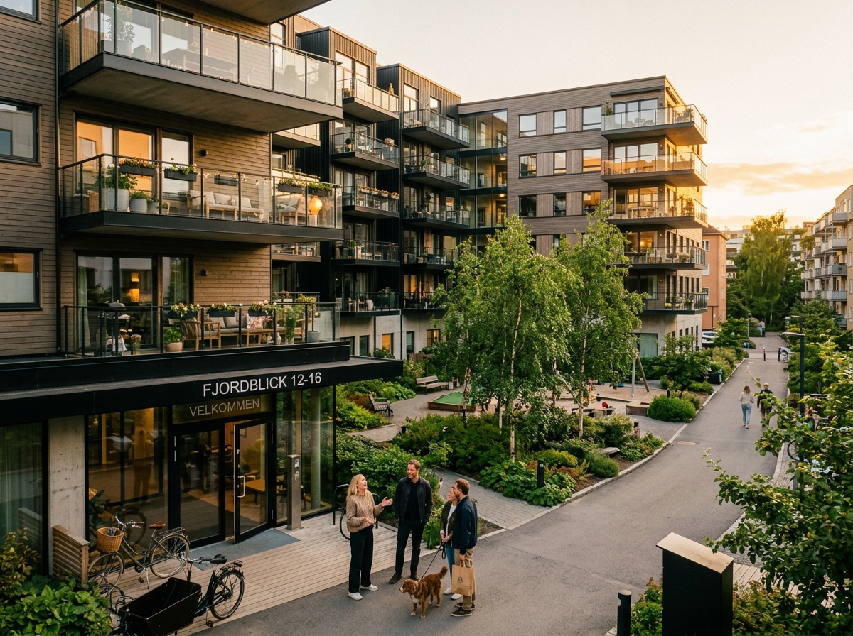 Moderne boligblokk med balkonger og grønn bakgård i kveldssol