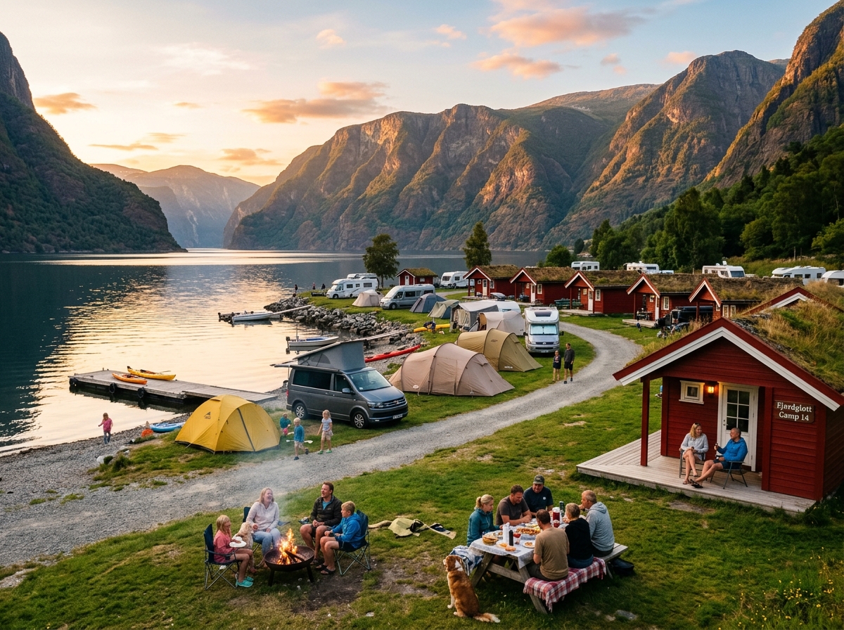 Campingplass ved en fjord med røde hytter, telt og bobiler i solnedgang