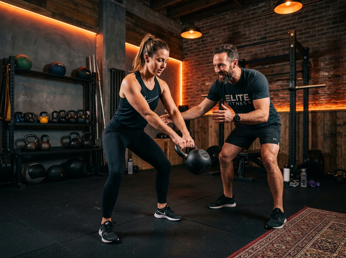Personlig trener veileder en kvinne som løfter kettlebell i et lite treningsstudio