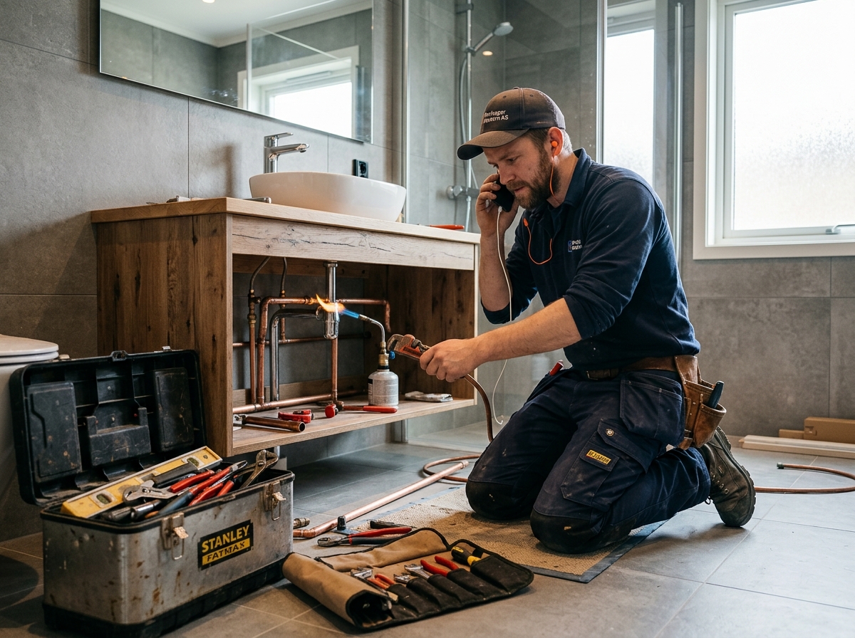 Rørlegger installerer rør på et bad med øreplugg i øret