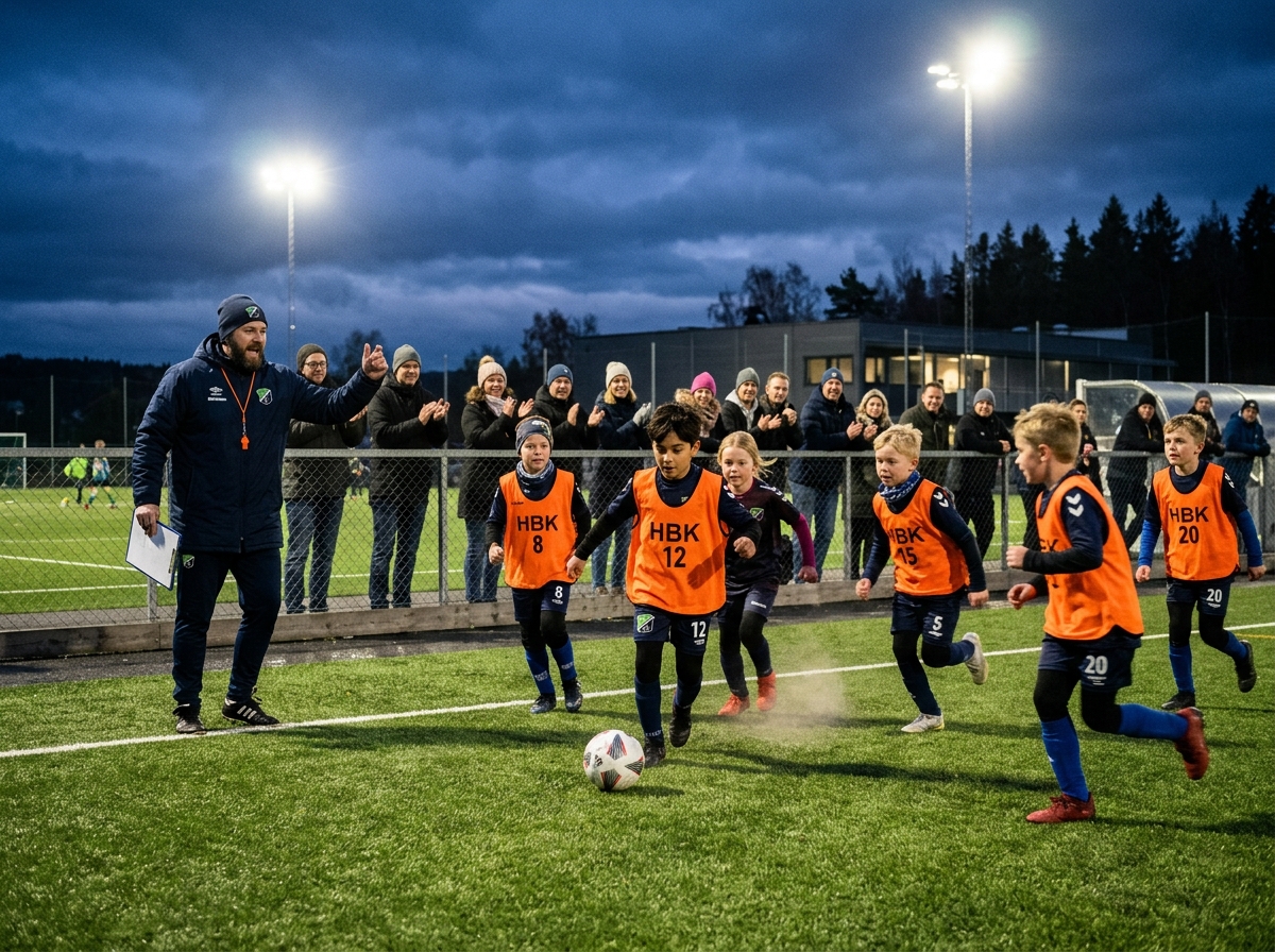 Barn i oransje treningsvester på fotballtrening under flomlys