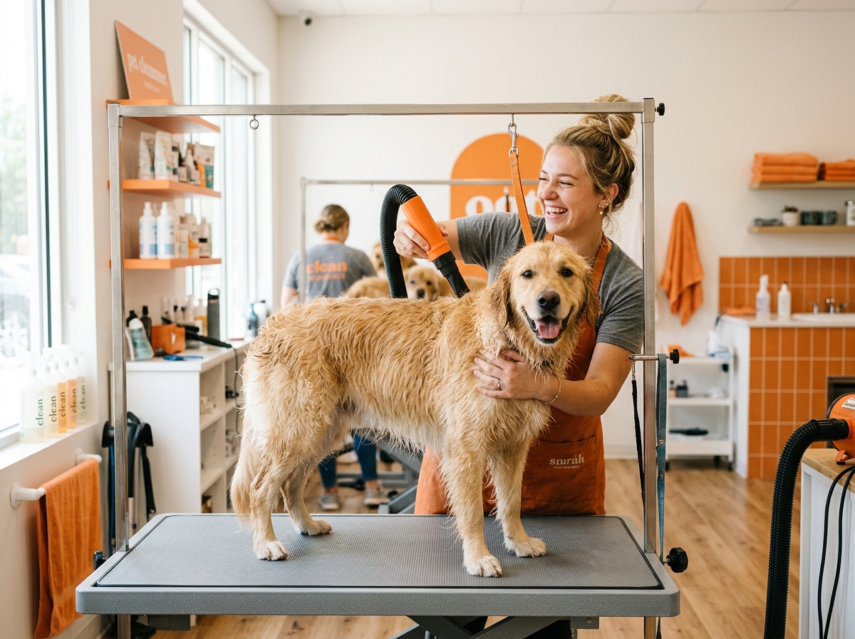 Hundefrisør tørker en glad golden retriever på et stelle­bord