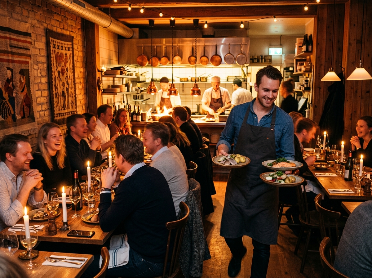 Travel bistro med servitør som bærer tallerkener forbi fulle bord
