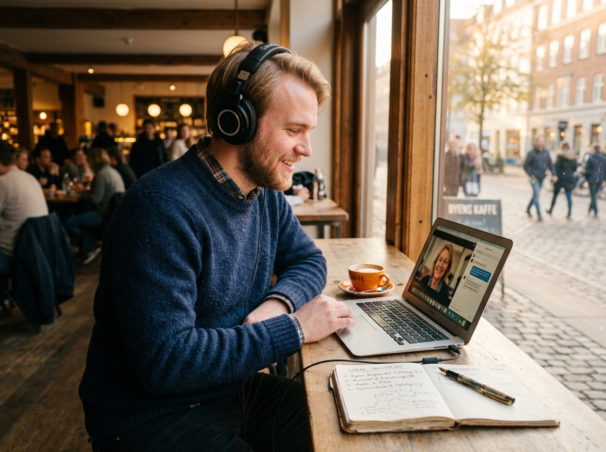 Snakker-partner med hodetelefoner i videomøte fra en kafé