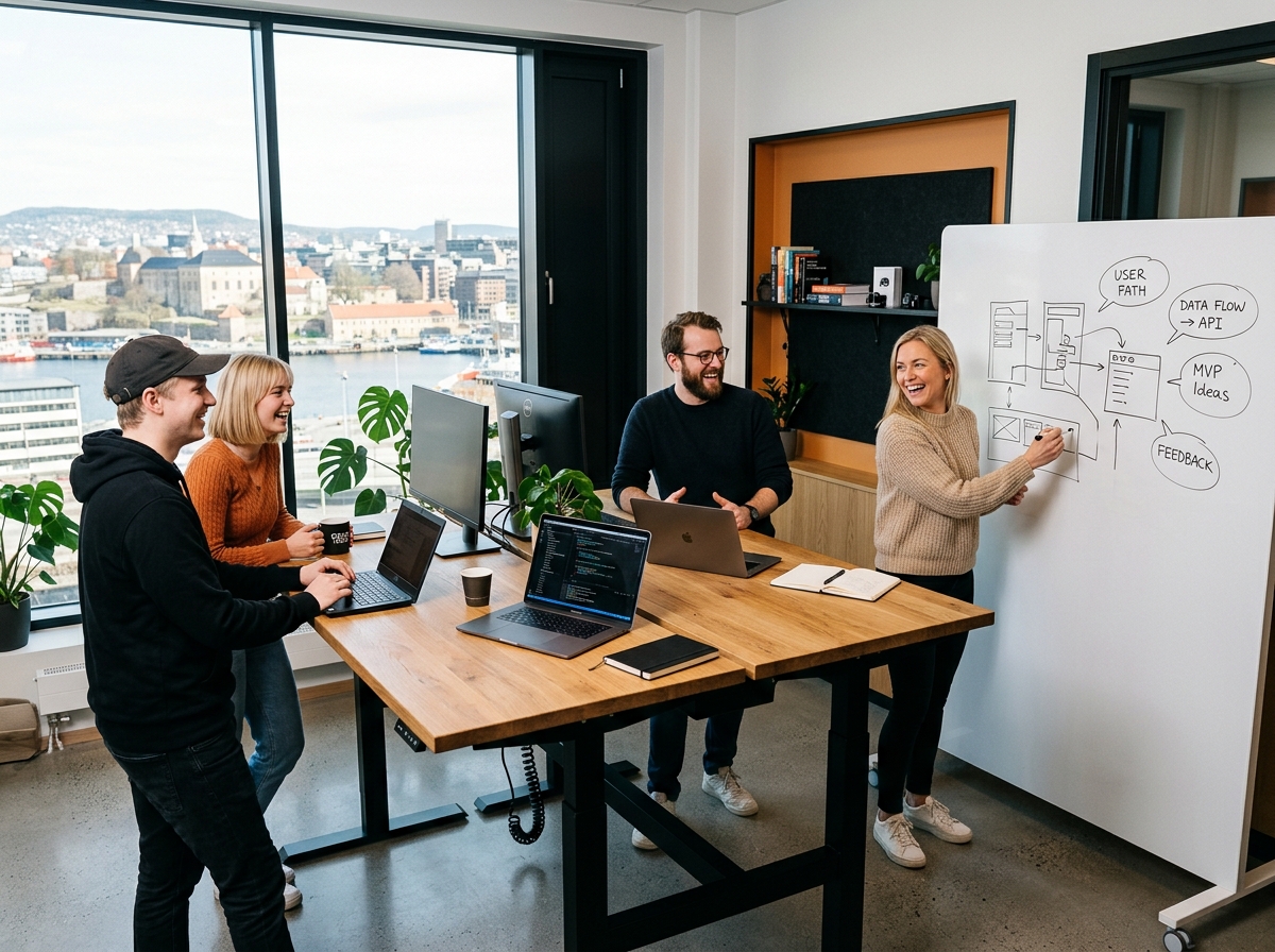 Teamet bak Snakker planlegger ved en tavle på et kontor med utsikt over Oslo